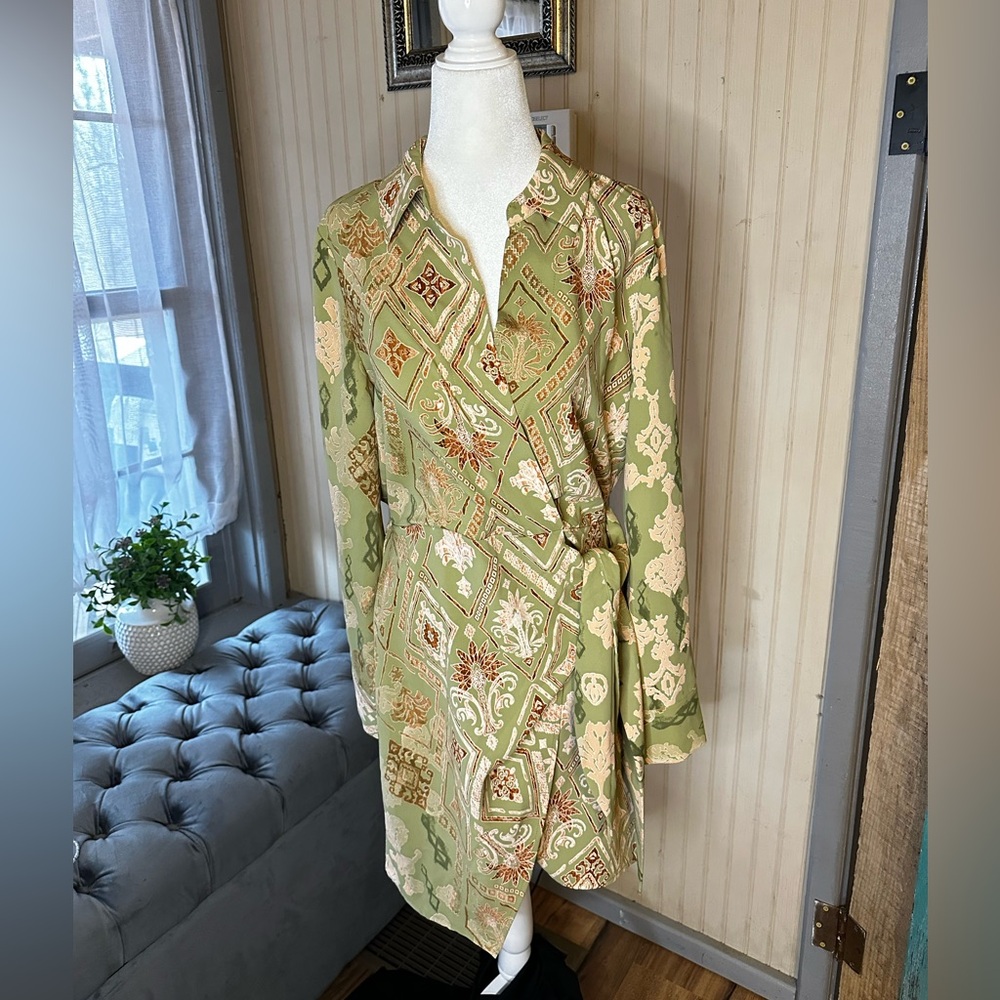 Rachel Zoe Wrap Dress Green Boho Print Long Sleeve Belted Tunic NWT Small